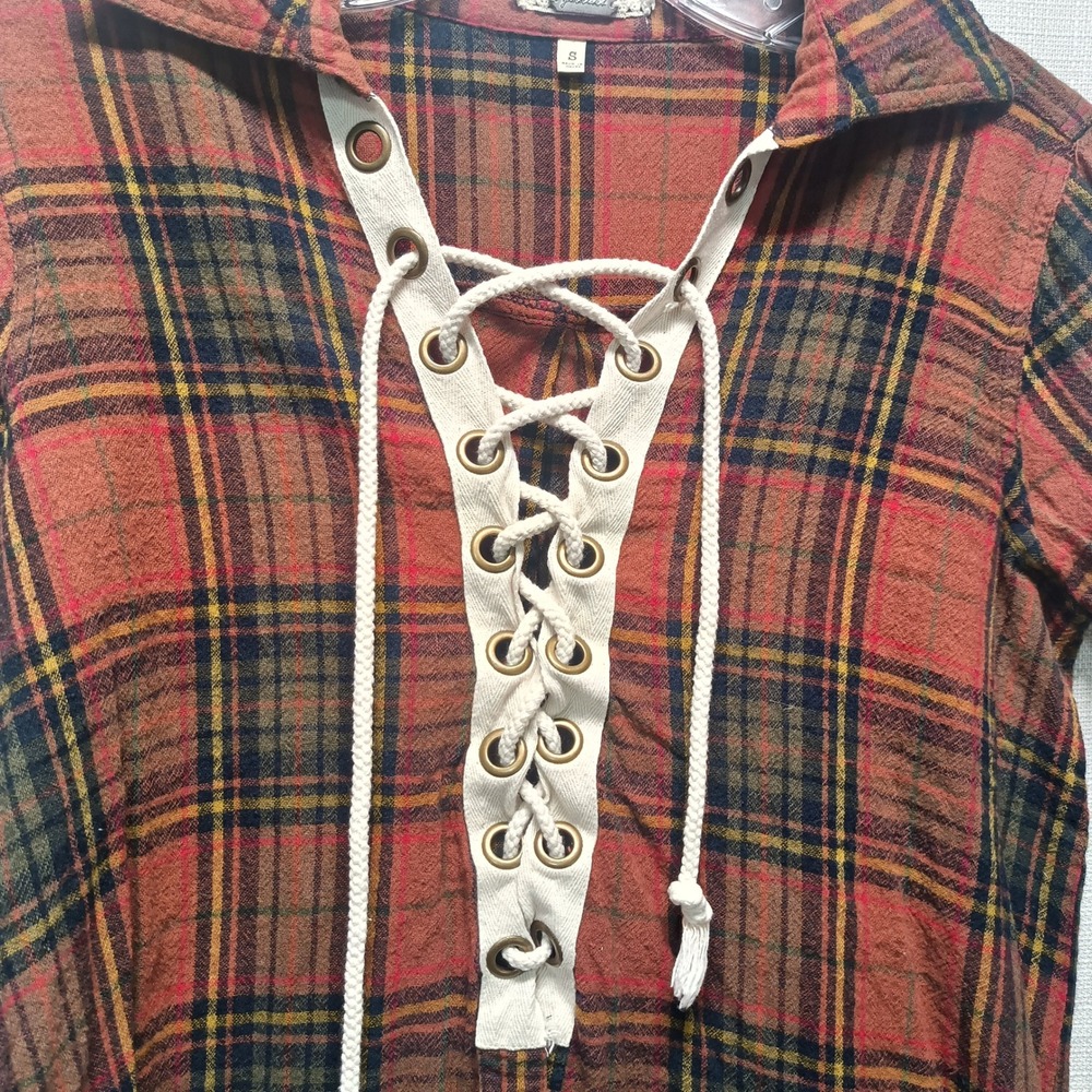 Gimmicks by BKE Womens S Rust Orange Plaid Lace Up Flannel Shirt Boho Grunge - Picture 2 of 7